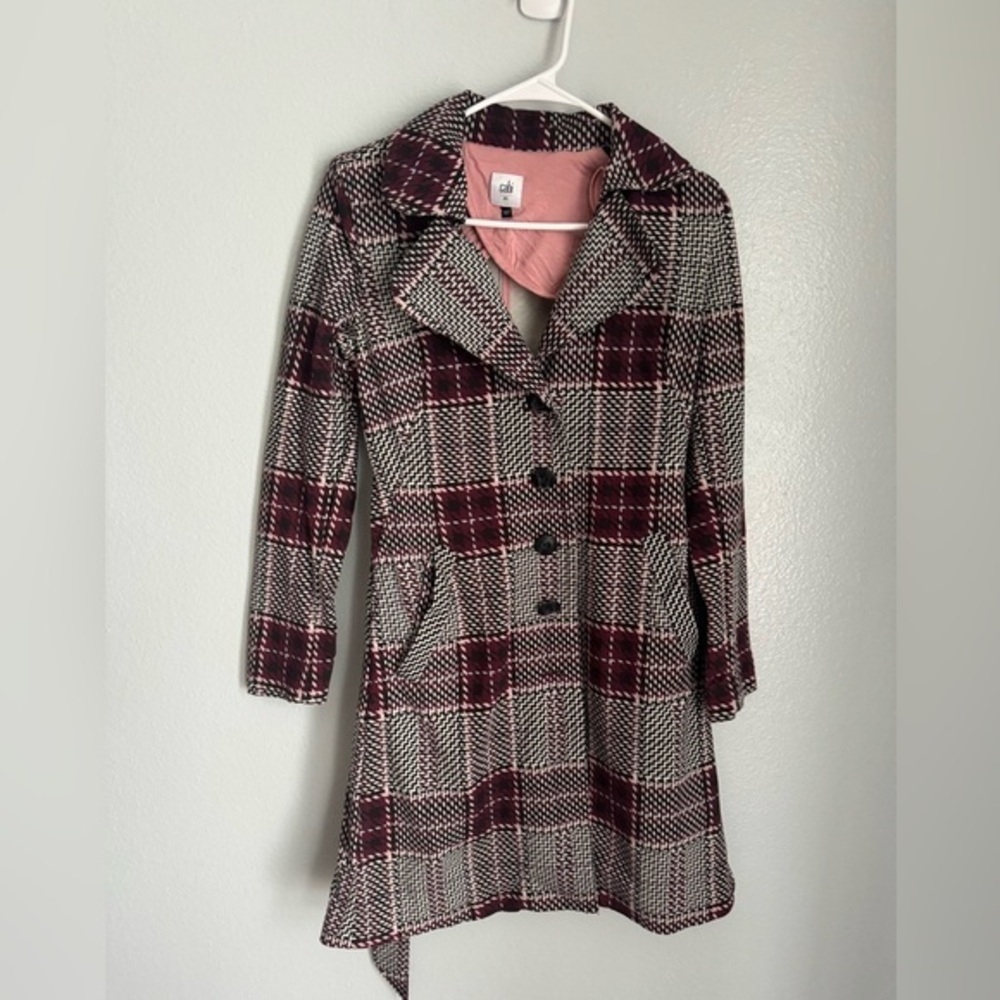 Cabi Sovereign Coat Purple Pink Plaid Long Belted Trench Coat Size XS